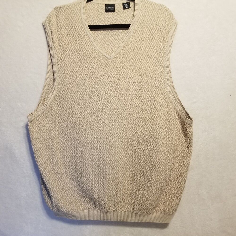 Arrow Mens XL Sweater Vest 100% Cotton Beige Basket Weave Preppy Old Money Basic